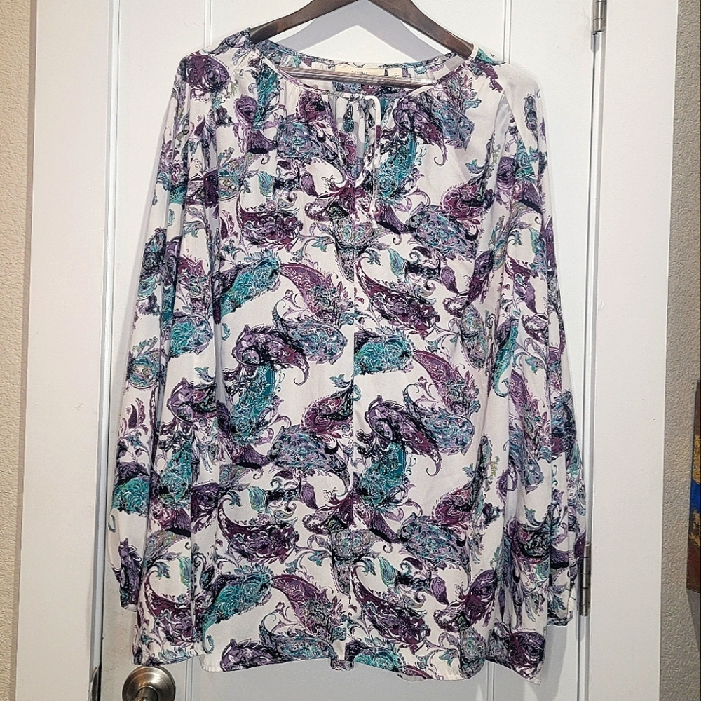 Sejour Womans Plus Tie Neck Teal And Purple Paisley Poets Blouse